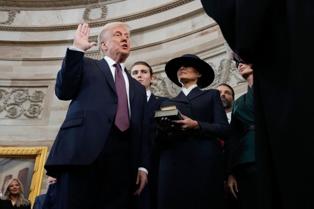 President Donald Trump is sworn in on January 20, 2025. (AP Photo/Morry Gash, Pool)