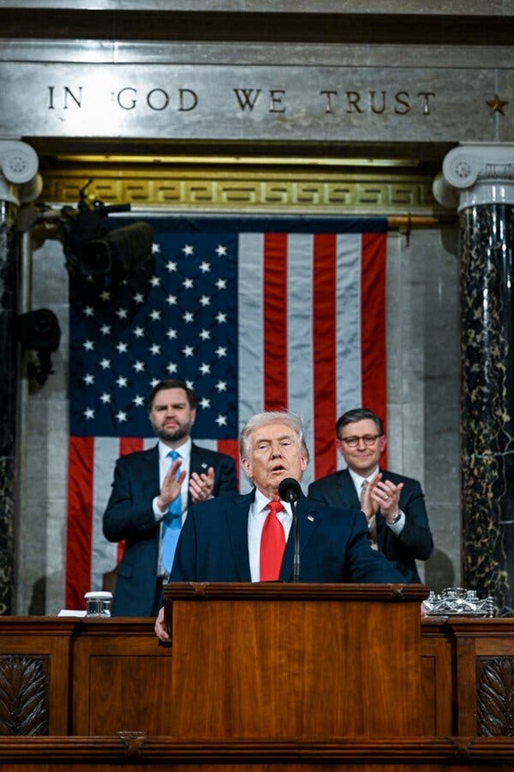 Donald Trump (center) delivering his first State of the Union speech of his second term.